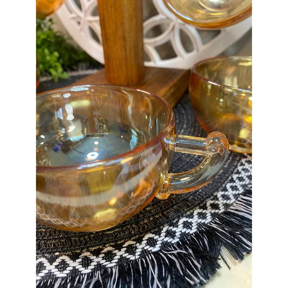 Vintage Fire-King Peach Lustre Tea‎ Cups Set of 6 Iridescent Copper Glass Mugs